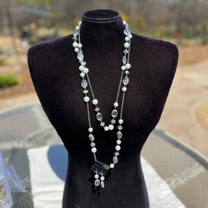 Long Pearl Necklace Sparkle Silver Tone Dressy Faux Crystal NWT